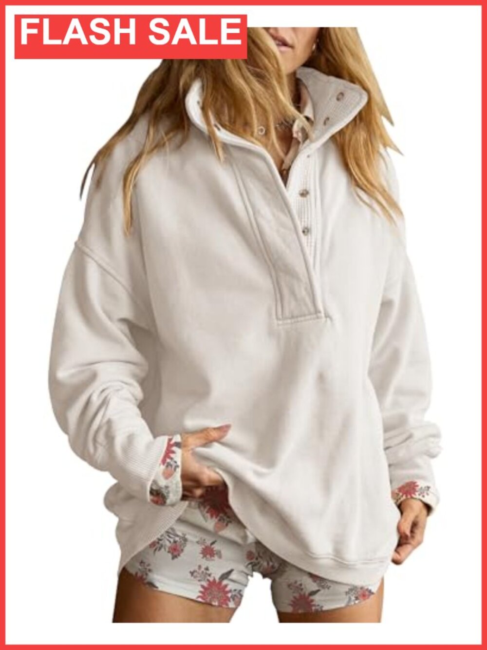 Oversized Henley Neck Snap Button Pullover Sweatshirt